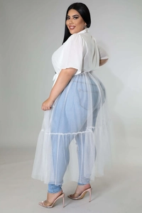 Detail of plus size white chiffon mesh layered top with elegant flowy sheer overlay