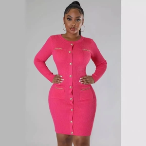 Chic fuchsia long sleeve knit dress with gold buttons and decorative chains detail