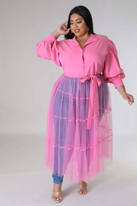 Detail of pink plus size tiered mesh skirt and lantern sleeve blouse with waist tie