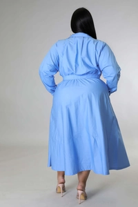 Back view of plus size light blue long sleeve maxi dress with elastic waist