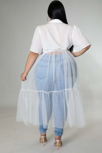 Rear view of plus size white chiffon mesh layered top with sheer pleated hemline details