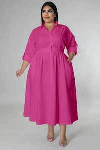 Detail of rose pink plus size shirt dress featuring button-down front and waist pleats