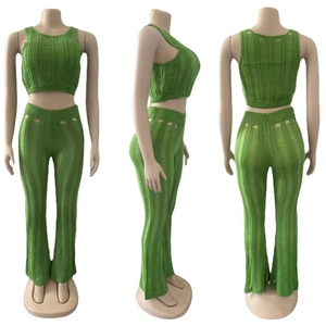 Three-view detail of green knit set showing hollow-out texture and slim-fit crop top design