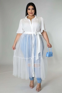 Detail of plus size white chiffon top with pleated petal sleeves and long mesh hemline
