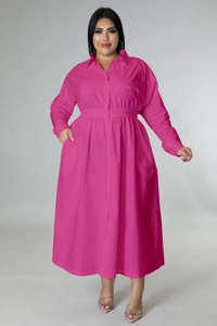 Detail of rose pink plus size long sleeve shirt dress with buttons and cinched waistline