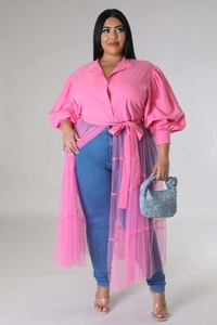 Pink puff sleeve mesh overlay dress with belted waist and blue denim pants styling