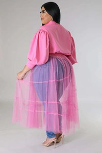 Detail of plus size hot pink puff sleeve top with mesh overlay and elegant standing collar