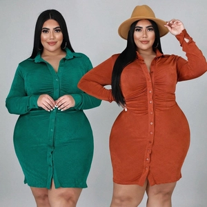 Women Plus Size Ruched Shirt Dress Long Sleeve Button Up Bodycon Midi Dress Elegant Solid Color Casual Fashion Outfit