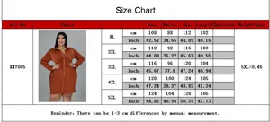 Size chart showing XL to 5XL measurements for this long sleeve buttoned plus size dress