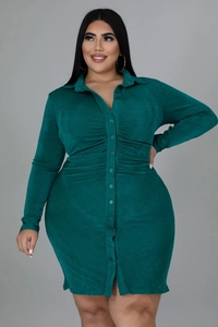 Detailed view of the teal plus size shirt dress featuring a ruched front and button down style