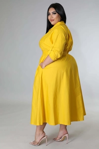 Detail view of the side pocket and waist design on this yellow plus size shirt dress