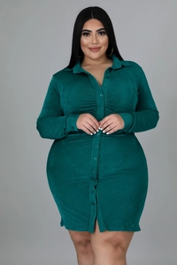 Front view of a dark green plus size long sleeve button-down shirt dress with ribbed texture