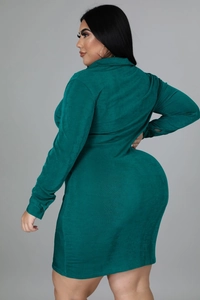 Detail of plus size dark green shirt dress with corduroy texture and slim fit design