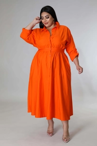 Full view of vibrant orange plus size long sleeve shirt dress with buttons and flared skirt