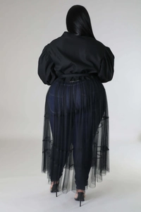 Back view of plus size black dress with bubble sleeves and sheer mesh patchwork detailing