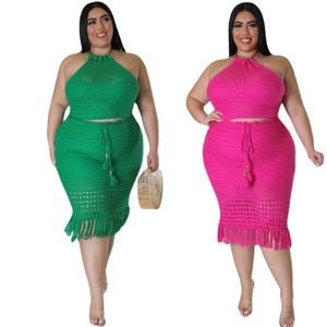 Plus Size Women Halter Top And Fringe Midi Skirt Bohemian Crochet Knitted Solid Color Top And Bottom Vacation Outfits