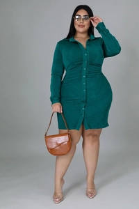 Detail of dark green plus size button-up dress with ruching and collared neckline