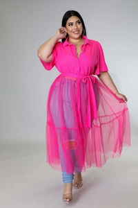 Detail of rose pink mesh shirt dress featuring a classic collar and layered cake skirt