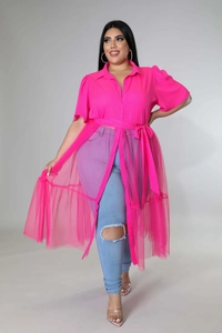 Detail of rose pink plus size chiffon tunic with mesh hem and adjustable waist drawstring