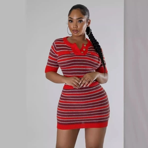 Slim fit red striped knit two-piece set featuring short sleeve Henley top and mini skirt