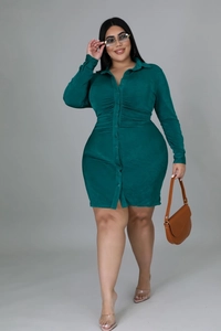 Detail of dark green plus size dress featuring a shirt collar and ruched waist design