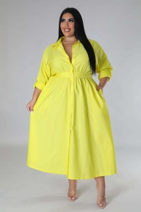 Detail of plus size yellow long sleeve shirt dress with elastic waist and side pockets