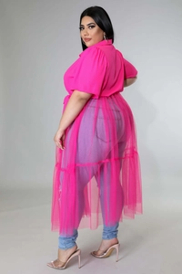 Detail view of plus size fuchsia chiffon top with pleated mesh hem layering effect