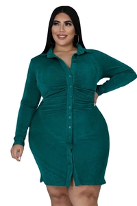 Detail of plus size dark green long sleeve dress with button-down collar and waist pleats