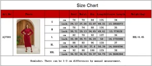 Size chart for long sleeve pleated red dress including S to XXL measurements in cm and inches