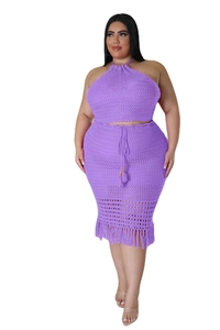 Detail view of purple crochet plus size set with fringe hem and wooden bead drawstring