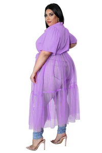 Detail of plus size purple chiffon shirt and layered mesh skirt with translucent texture
