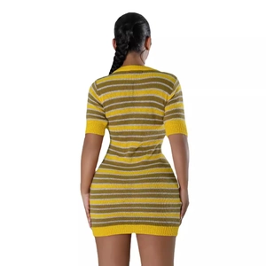 Slim fit knitted mini dress with yellow and olive green horizontal stripes and short sleeves