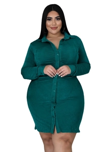 Detail of dark green plus size corduroy shirt dress with lapel collar and buttons
