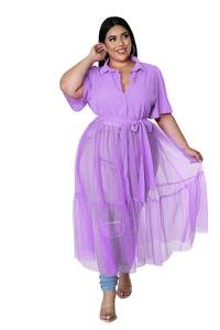 Detail of lavender plus-size shirt dress with sheer mesh paneling and a matching belt