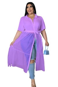 Detail of lavender purple sheer mesh long shirt dress with side slit and waist tie design