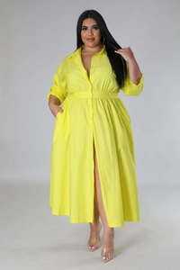 Detailed view of the bright yellow plus size long sleeve button-down shirt dress with elastic waist