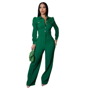 Dark green long sleeve slim fit jumpsuit with bubble sleeves and wide leg trousers