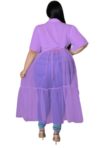 Detail of plus size purple chiffon blouse with long sheer mesh skirt layer from back