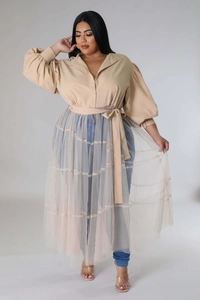 Detail of plus size khaki puff sleeve shirt with sheer mesh layered skirt stitching