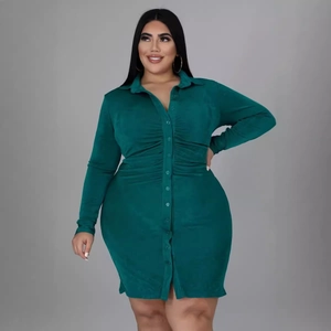 Plus size ruched dark green shirt dress with long sleeves and button-down front style