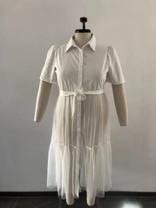 Detailed view of white short-sleeved plus size dress with button collar and tulle hem