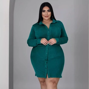 Deep green plus size long sleeve shirt dress with button-up front and pleated waist