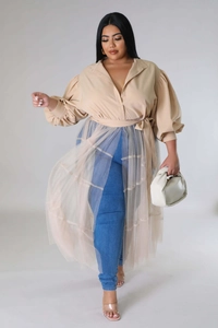 Detail of plus size khaki puff sleeve top with mesh layered dress and lace-up waist belt