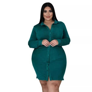 Plus size dark green long sleeve mini dress with ruching and button-down collar