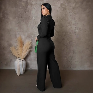 Women's black long sleeve bodysuit with collar, stitching details, and wide leg pants