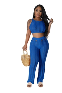 Royal blue knit two-piece set featuring a cropped sleeveless top and high-waist pants