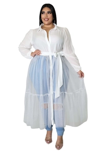 Detail of plus size white chiffon top with mesh hem and adjustable waist tie