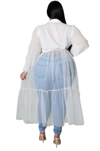 Rear view of plus size white chiffon top with long sheer mesh layered hem and long sleeves