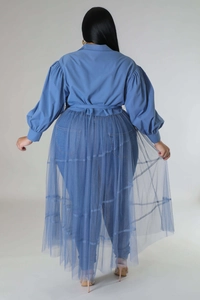 Rear view of blue dress with puff sleeves and layered pleated mesh skirt detail