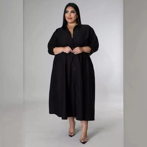 Plus size black long sleeve button-up shirt dress with a classic turn-down collar